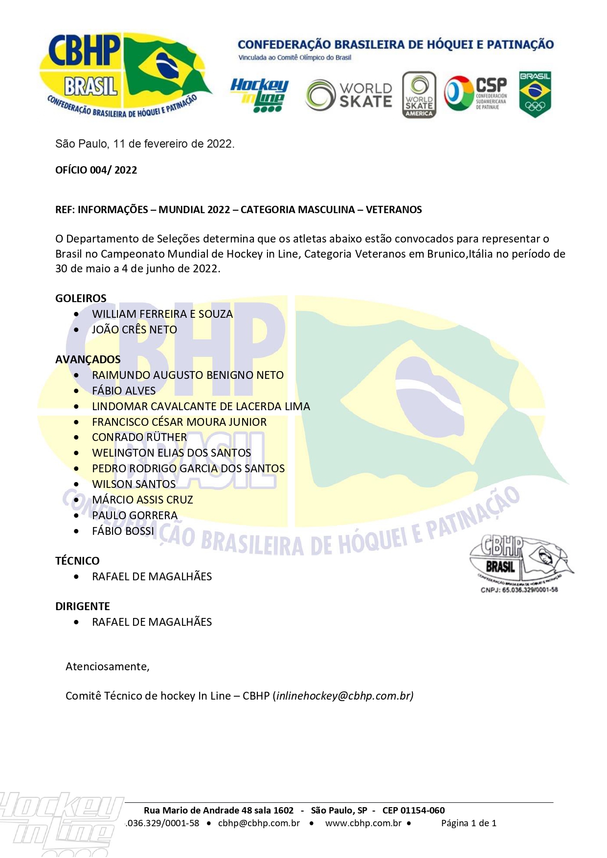 Hockey Inline - Convocação da Seleção Brasileira de Veteranos